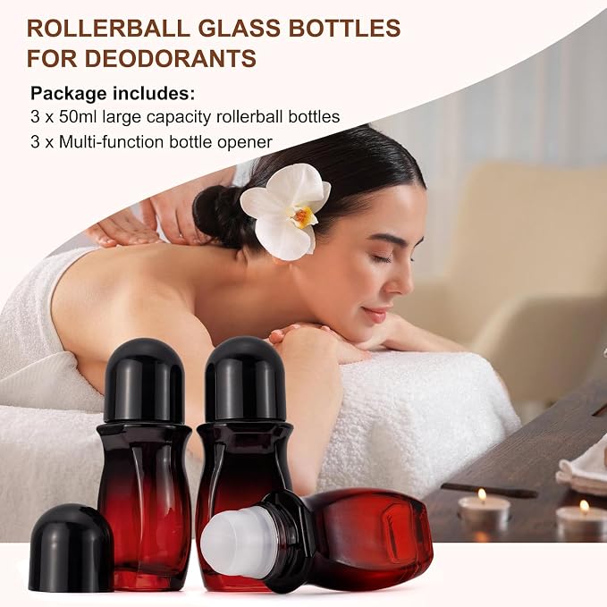 3-Pack 50ML Glass Deodorant Roller Bottles, Empty Refillable Roll On Bottles with Roller Ball Applicator for Essential Oils, Reusable Roller Containers for DIY, Care, Young Living
