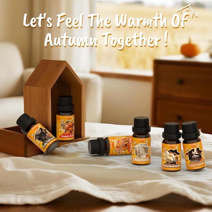 Soulorigin Fall Cozy Cabin Fragrance Oils Set, Essential Oil for Diffuser, Use for Soap Candle Making-Smoky Cedar Wood, Roasted Marshmallows, Autumn Leaves, Warm Flannel, Fireplace Time, Pumpkin Patch
