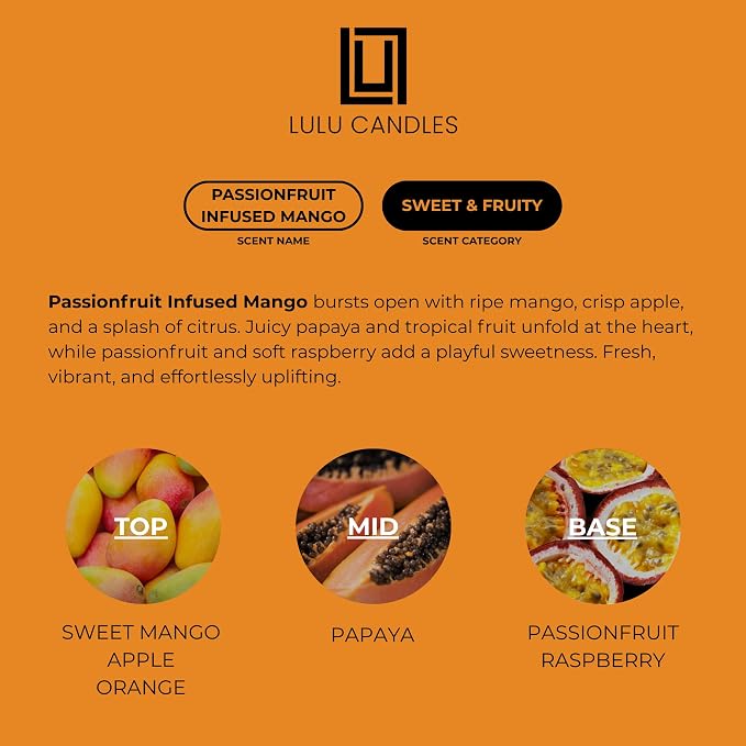 Lulu Candles | Passionfruit Infused Mango | Highly Scented Premium Candles in Giftable Box for Home and Office | Vegan Soy Blend Jar Candle with 100% Cotton Wick | Slow Burning & Long Lasting (9 Oz.)