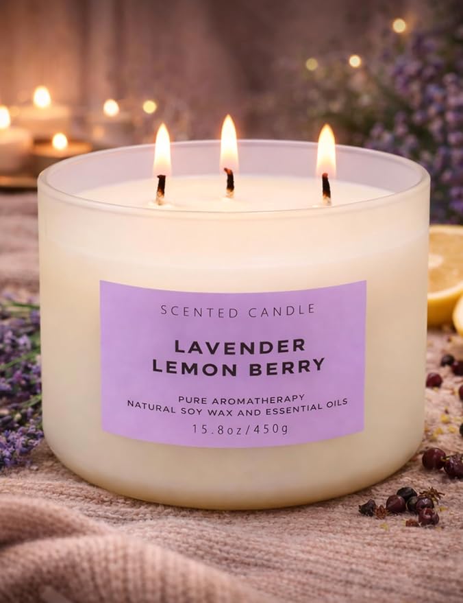 Lavender Lemon Berry Scented Candle | 3-Wick Large Soy Candle 15.8 oz | Highly Scented Aromatherapy Lavender Candle for Women | Calming Floral Lemon Home Scent | Long Lasting Clean Burn