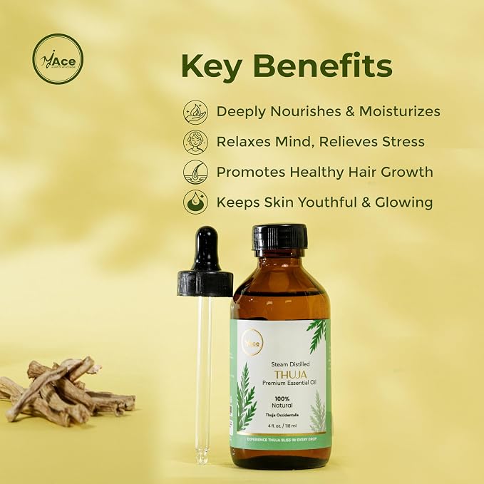 My ACE Thuja Essential Oil 4 Fl Oz - 100% Pure & Natural - Premium Grade for Aromatherapy, Diffuser, Skin, Hair, Massage, Candle & Soap Making, Home - Glass Bottle with Dropper - Long Lasting Scent