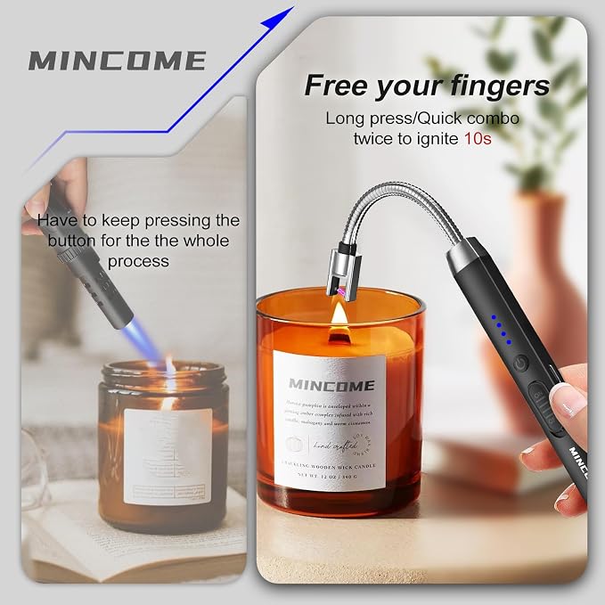 Candle Lighter, Windproof Flameless Electric lighters, Long Lighter with 360° Neck & Safety Switch, USB-C Rechageable Arc Lighters for BBQ & Candle (Black)