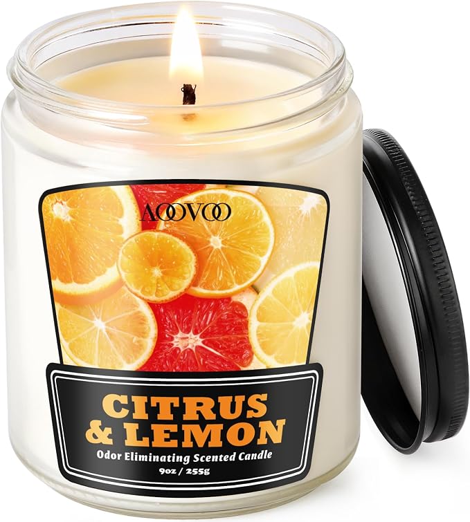 AOOVOO Citrus Lemon Odor Eliminating Candle - 9 oz Non Toxic Highly Fragranced Air Freshing Soy Candle, Eliminates 95% of Smoke, Pet, Food, and Other Smells Quickly, Up to 50 Hours Burn time