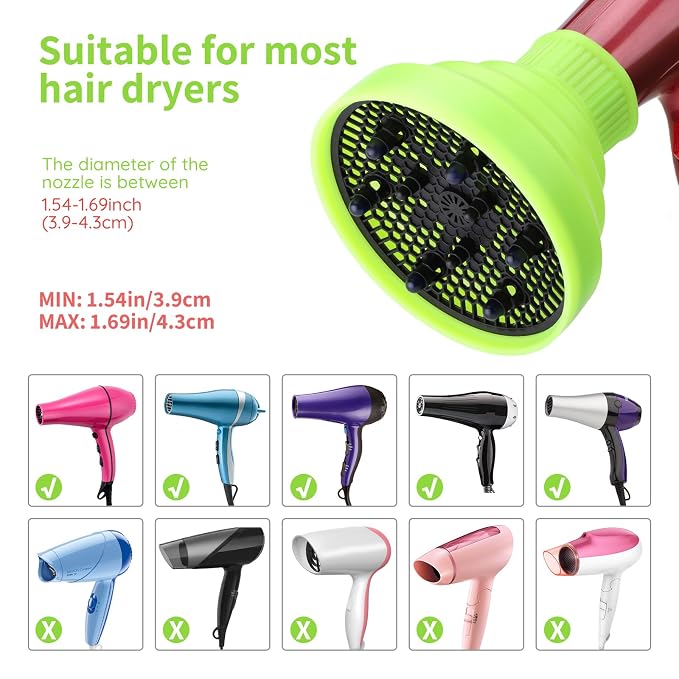 Segbeauty Collapsible Blow Dryer Diffuser, Travel Portable Hair Diffuser for Natural Curly Hair, Professional Lightweight Folding Diffuser Attachment for Dryers Nozzle 1.54 to 1.69 inches Green