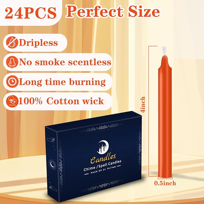 24 Pack Orange Spell Chime Candles – Premium Mini Unscented Taper Candles for Rituals, Prayer, Birthdays, Meditation, Altar, Spells, Chime Candles - 4 Inch Tall - Ideal for Witches