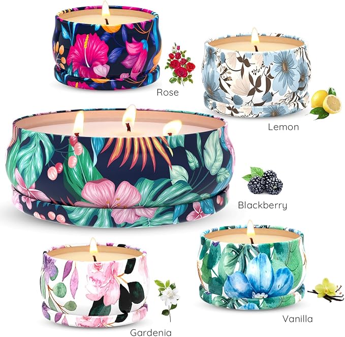 Aromatherapy Candle Gift Set - 5 Piece Scented Candles (1 x 13.5 oz, 4 x 2.5 oz) - Floral Tin Soy Wax Candles for Relaxation, Stress Relief, and Home Decor - Perfect for Gifting