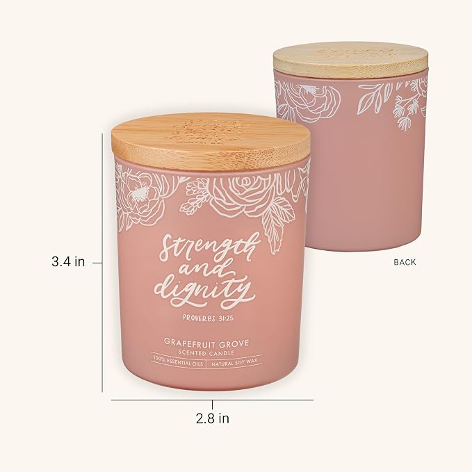Christian Art Gifts Soy Wax Scented Candle: Strength & Dignity Bible Verse, Grapefruit Grove Scent, Pure Essential Oils, 4.5 oz, Up to 20 Hours Burn Time, Glass Jar w/Bamboo Lid, Encouragement Gift
