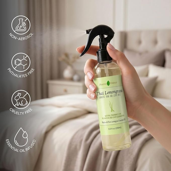 Thai Lemongrass Linen and Room Spray, Natural Air Freshener Made with Pure Lemongrass Essential Oil, Bathroom Air Freshener or Calming Pillow Spray (8.5 fl oz)