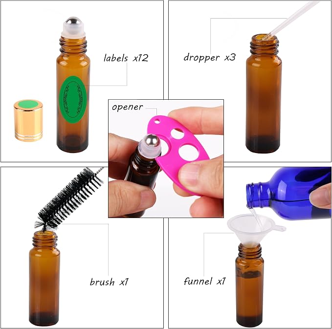 inice 12 Pack Essential Oil Roller Bottles Amber Glass RollerBalls for Essential Oils Refillable Roll on Perfume Bottles with Alloy Caps for Travel