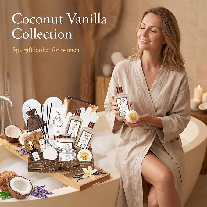Coconut Vanilla Spa Gift Set, Complete Spa Bath Gift Basket for Women & Men