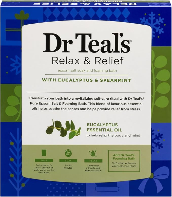 Dr Teal's Holiday Limited Edition Bath Gift Set | Epsom Salt Soak and Foaming Liquid, 14 oz Salt, 3 fl oz Bath (Eucalyptus)