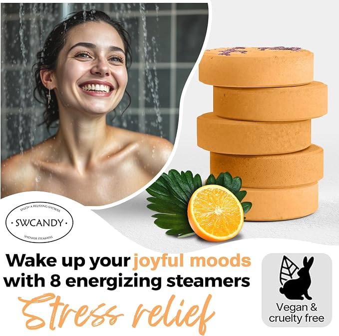 SWCANDY Shower Steamers Aromatherapy Birthday Gifts for Women Travel Essentials, 8 Pcs Orange, Bath Bombs Shower Bombs with Natural Essential Oils, Relaxation Home SPA