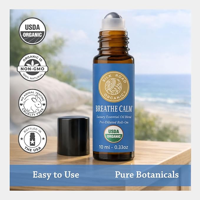 Silk Road Organic Breathe Calm Essential Oil Breathe Easy Blend Roll On, 100% Pure USDA Certified Aromatherapy for Cold, Cough, Congestion, Allergy & Sinus Relief - 10 ml Roller