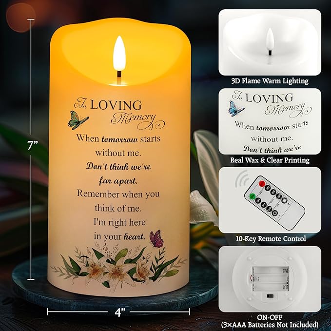 Memorial Candle, Real Wax LED Light with Remote, Sympathy Gift for Loss of Loved One (4" x 7")