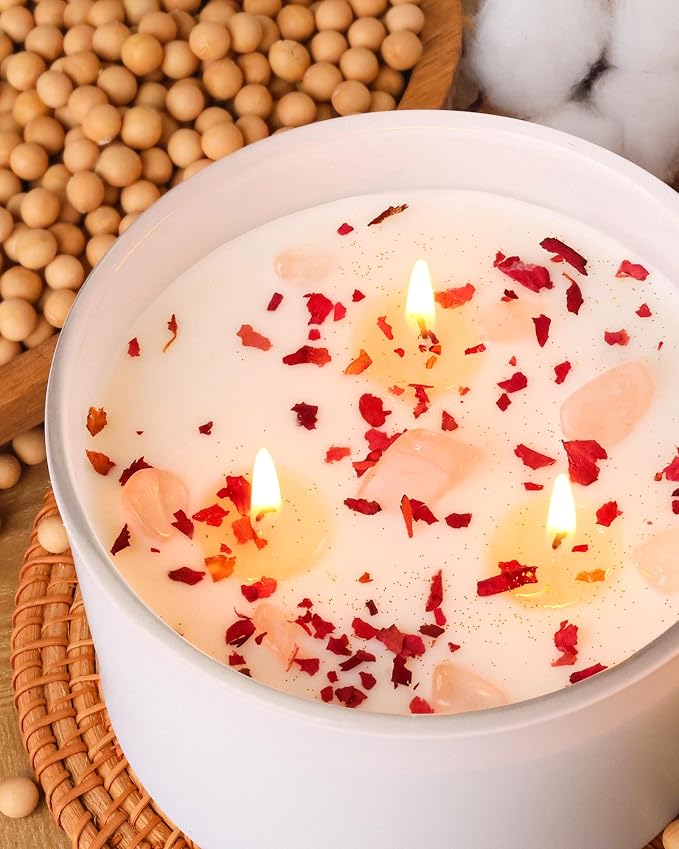 AOOVOO Rose Scented Candles for Women - 20oz 3 Wick Soy Candles for Home Scented, Aromatherapy Candle with Crystals Inside, Birthday Gifts Valentines Day Candle for Women Mom