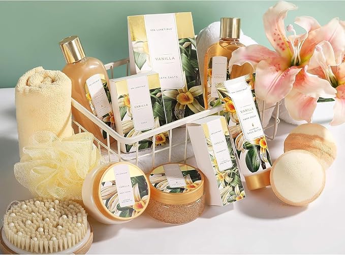 Gifts for Women, Spa Luxetique Gift Baskets for Women,15 Pcs Vanilla Spa Gifts for Womens, Women's Gifts with Bubble Bath, Bath Salt, Bath Bombs, Birthday Gift Christmas Spa Baskets