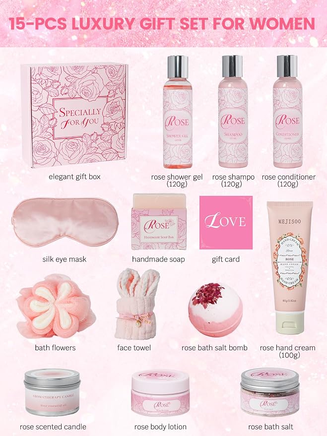 15Pcs Rose Spa Bath & Body Care Set with Bath Bombs & Lotions, Relaxing Home Spa Gift Kit for Mom Wife Girlfriend, Ideal for Mother’s Day Birthday Women Gift Sets