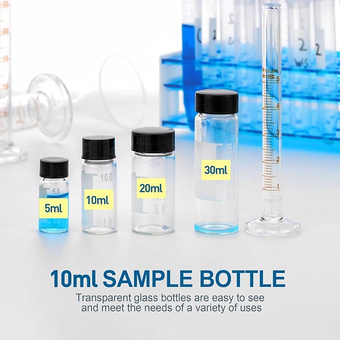 Kesell 50-Pack 10ml Clear Glass Vials - Borosilicate Glass, Graduated, with Labels -Small Sample Bottle for Oil - Portable Vials with Caps