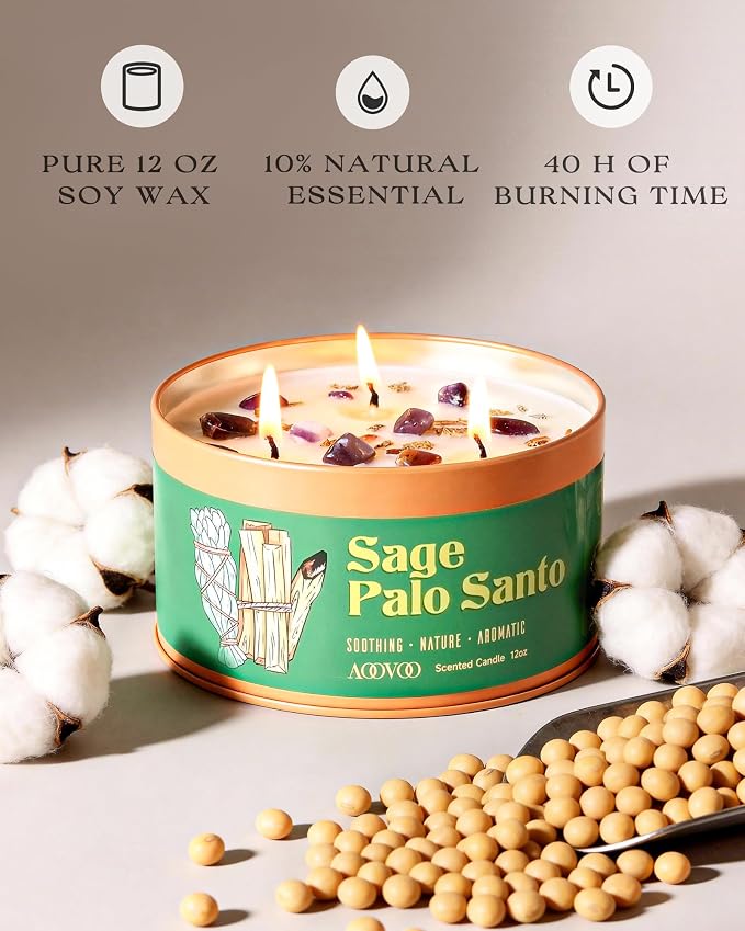 AOOVOO Sage & Palo Santo Candle for Cleansing - 3 Wick 12oz Large Scented Candle with Crystals & Sage & Palo Santo Inside, Soy Candle Non-Toxic for Meditation Spiritual Healing Gift