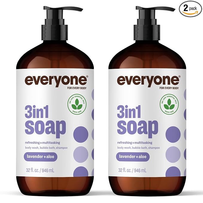Everyone 3-in-1 Soap, Body Wash, Bubble Bath, Shampoo, 32 Ounce (Pack of 2), Lavender and Aloe, made with Essential Oils for Men and Women