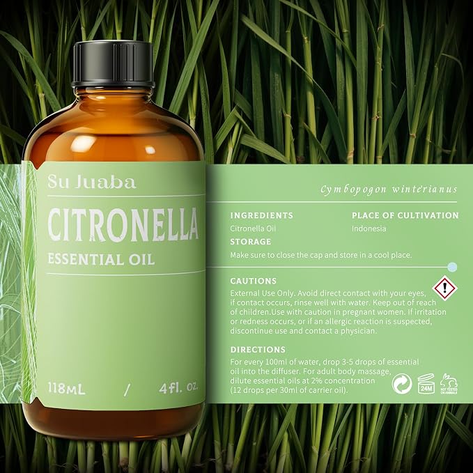 SU JUABA Citronella Oil 4 Fl Oz, Aromatherapy Oil for Diffuser, Massage, Hair & Skin Care - 118ML