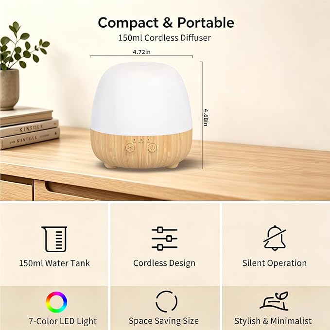 SPLITSKY Cordless Essential Oil Diffuser 150ML, Portable Rechargeable Aromatherapy Diffuser, Quiet Operation and Auto-Off, 7-Color LED Light, 3 Timer Settings, for Home, Bedroom, Travel