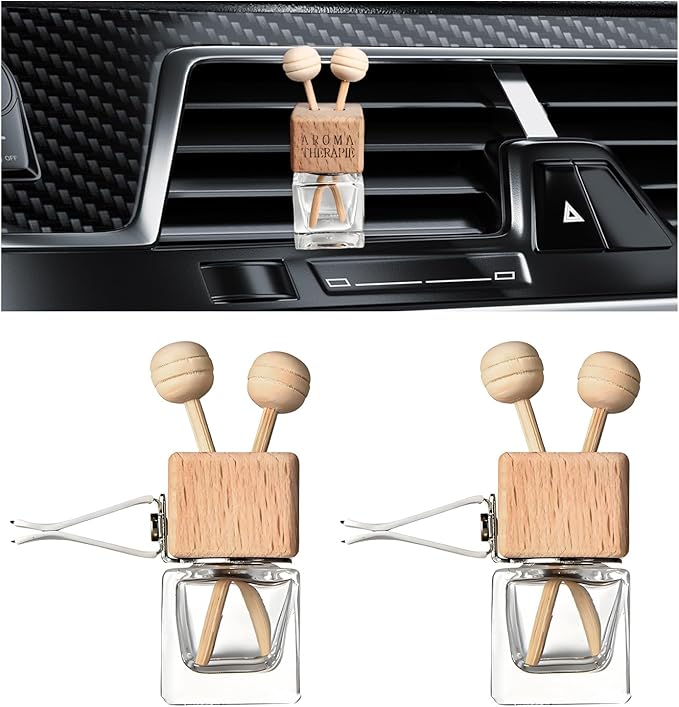 KVAEY 2PCS Car Diffuser Air Freshener Bottle, Refillable Empty Glass Perfume Bottles with Vent Clip, Universal Essential Oil Diffuser for Most Vehicles, Interior Car Accessories (2PCS, Word)