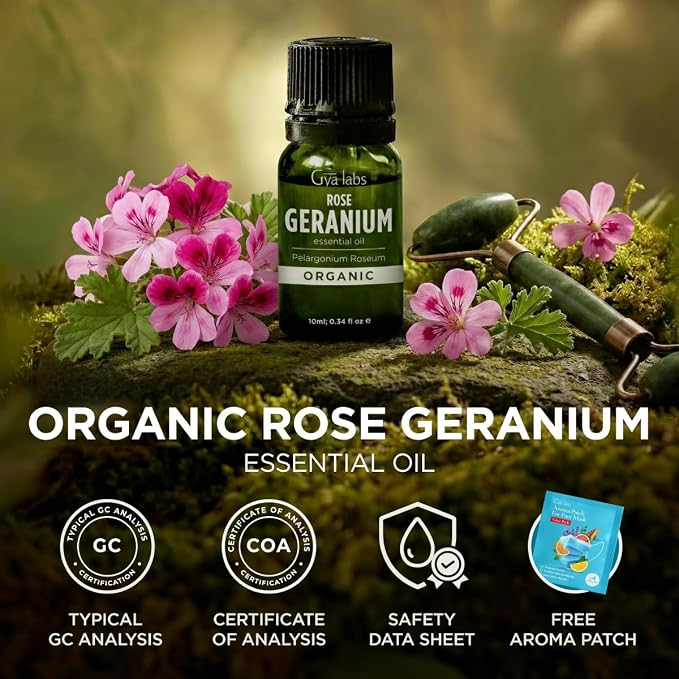 Gya Labs Organic Rose Geranium Essential Oil - 0.34 Fl Oz - for Skin, Hair, Diffuser, Aromatherapy, DIY Candle Making Scents
