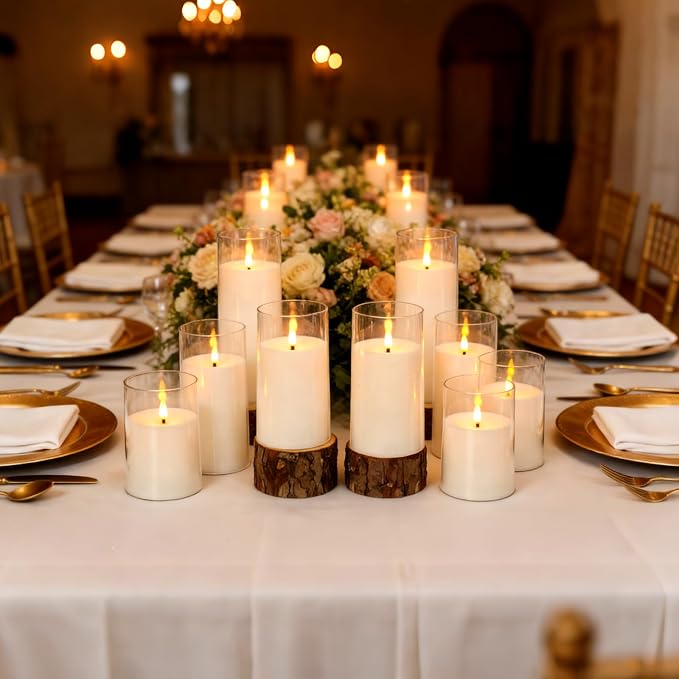 kakoya Flickering Flameless Candles Battery Operated with Remote and 2/4/6/8 H Timer Acrylic Led Pillar Candles Pack of 9 (D 3" xH 4" 5" 6") with Realistic 3D Wick Candles for Home Decor(White)