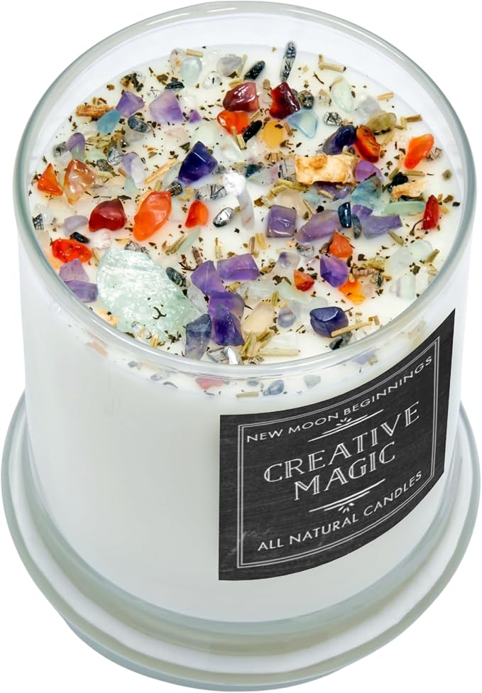 Creative Magic Candles by New Moon Beginnings - Focus, Creativity, & Concentration - Herb & Crystal Candles - Soy Aromatherapy Candle - 12oz Glass Jar
