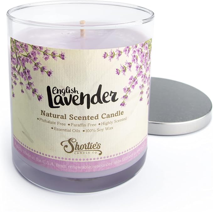 English Lavender Scented Natural Soy Candle, Essential Fragrance Oils, 100% Soy, Phthalate & Paraben Free, Clean Burning, 9 Oz.