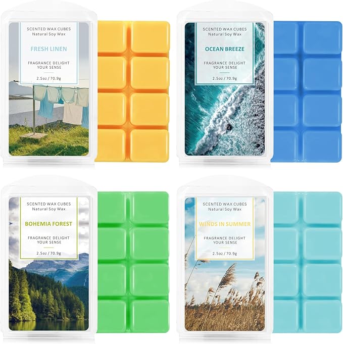 STRN Scented Wax Melts Wax Cubes Long Lasting Strong Scent, Soy Wax Cubes for Warmer Jelly Wax Melts Set, Ocean Breeze, Fresh Linen, Bohemia Forest, Summer Wind (4 x 2.5oz)