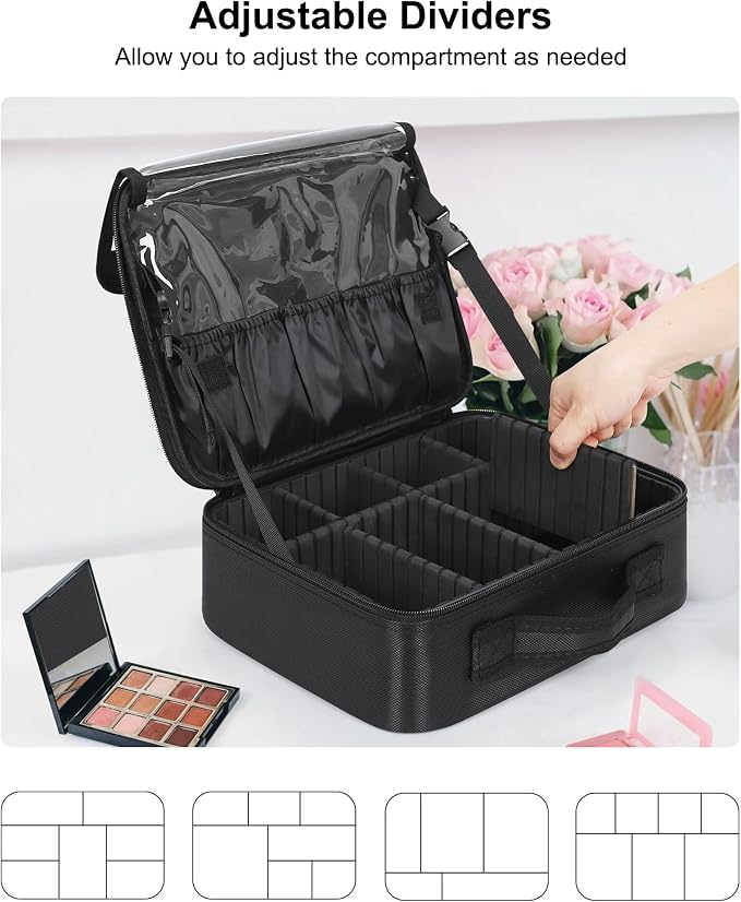 Relavel Makeup Bag Large Cosmetic Bag Travel Train Case Toiletry Bag for Women with Adjustable Dividers, Travel Essentials Organizer Case Storage Box for Skincare, Brushes, Black