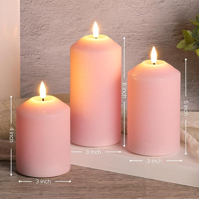 Pink Flameless Pillar Candles with Remote, Real Wax LED Candles Battery Powered Flickering Set of 3