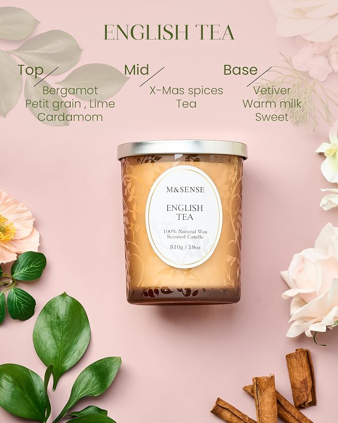 M&SENSE English Tea Soy Candle, Cracking Wooden Wick 18oz | 100 Hours Long Lasting, Clean Burn, Summer Aromatherapy, Non-Toxic, Relaxing Gifts For Women