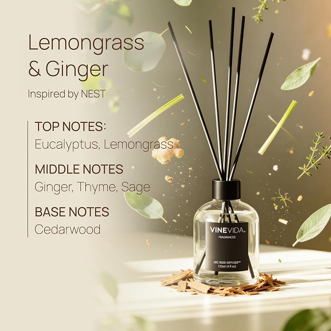 VINEVIDA Reed Diffuser Lemongrass & Ginger | Diffuser Reed for Home & Bathroom | Long-Lasting Scent Sticks Set | Oil Stick Diffuser | Bathroom Scent