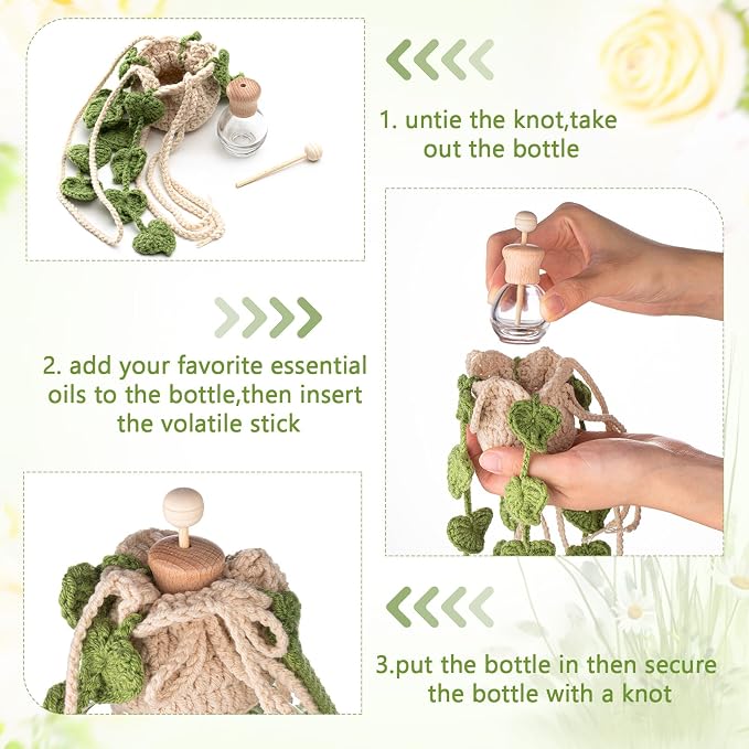DaisyInner Cute Crochet Plant Car Freshener 12ml Empty Refillable Diffuser Bottle with Plants Hanging Accessories for Ornaments Charms Rearview Mirror Home Office Decor Women Gifts(Leave)