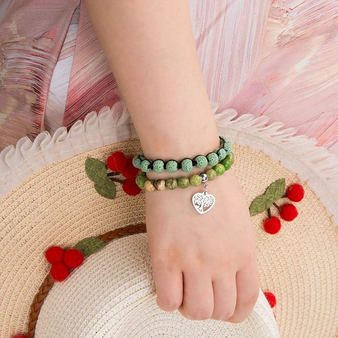 Bivei Life Tree Bracelet - Lava Stone Essential Oil Gemstone Beaded Yoga Meditation Regalite Stone Beach Charm Bracelet Set