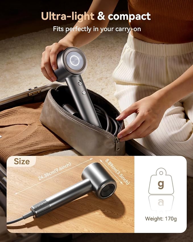 High Speed Hair Dryer, 160000RPM Fast Drying Blow Dryer, Negative Ions for Frizz-Free with Less Damage, Low Noise 2 Speeds & 4 Temps, Lightweight, with Diffuser & Concentrator Nozzle for Home & Travel