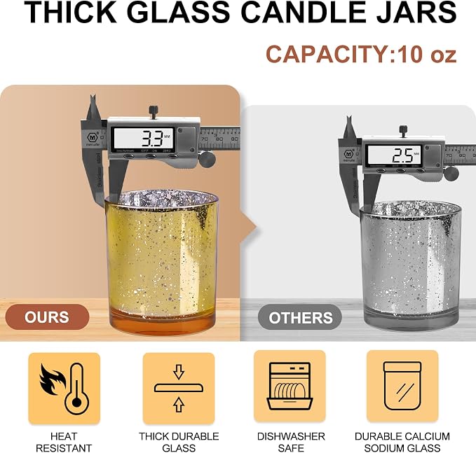SHOWIN 10 OZ Thick Candle Jars for Making Candles 15 Pcs, Empty Jars with Wood Lids for Candle Making, Sample Container, Gold