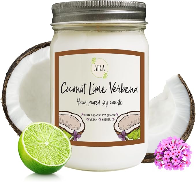 Aira Soy Candle – Coconut Lime Verbena – 12 oz Mason Jar – Hand-Poured USA – Long-Lasting Vegan Soy Wax Candle – Fresh Tropical Citrus Aroma – Paraffin-Free, Kosher, Cruelty-Free