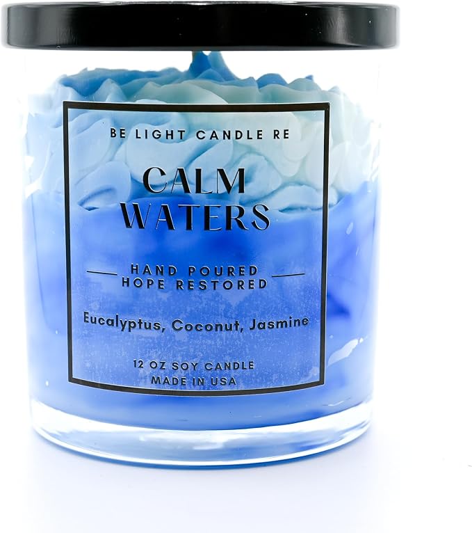 Coastal Beach Candle | Purpose-Driven Soy 12oz Scented Non-Toxic | Gifts for Women | Blue Aesthetic | Decorative Cute Candle | Be Light Candle RE (Calm Waters)