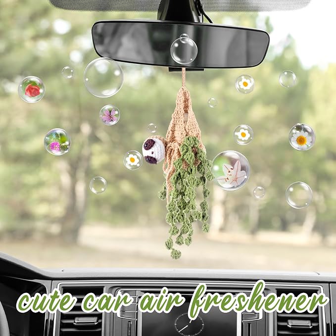 DaisyInner Cute Crochet Plant Car Freshener 12ml Empty Refillable Diffuser Bottle with Plants Hanging Accessories for Ornaments Charms Rearview Mirror Home Office Decor Women Gifts(Sloth)