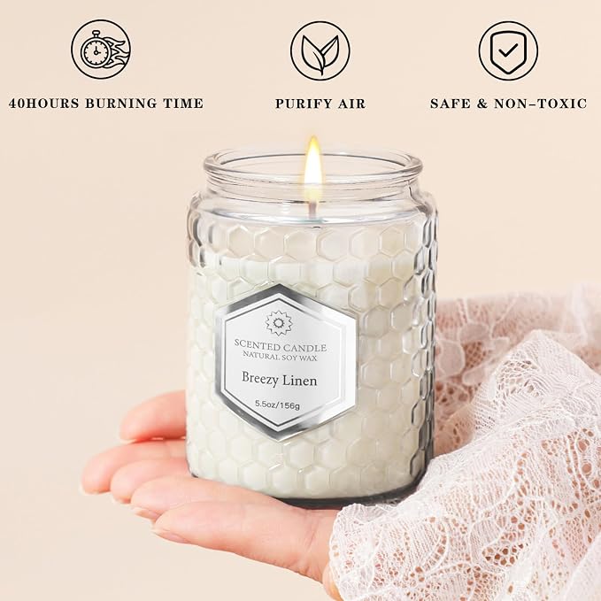6 Pack Scented Candles for Home, Aromatherapy Gift Set for Women, Natural Soy Wax Jar, 33 oz 240 Hour Long Lasting, Birthday and Valentine's Day Gift, Flax Gray