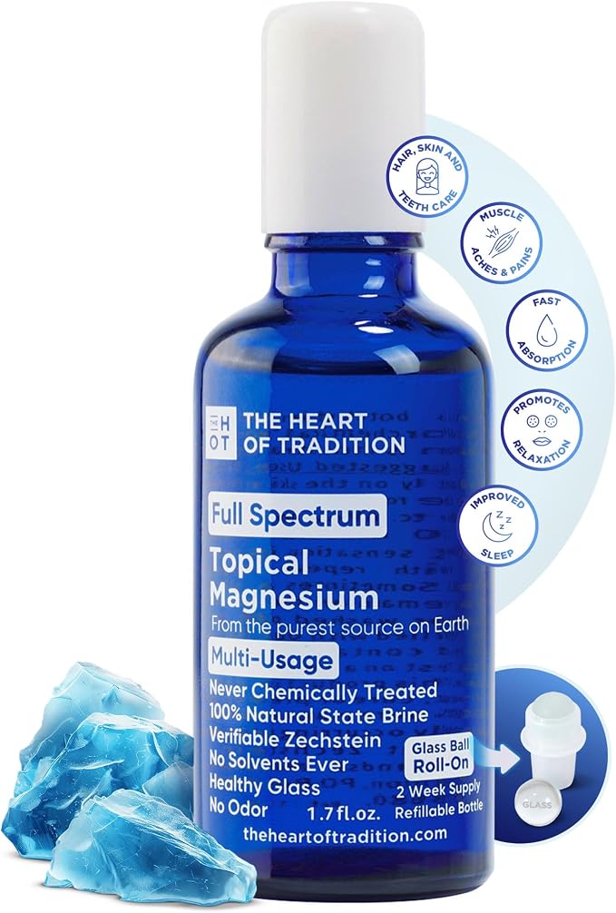 Full Spectrum Transdermal Magnesium Oil Roll On (Topical) with Glass Ball Roll-On, 1.7oz Zechstein Magnesium Oil for Feet, Sore Muscles, Leg Cramp Fix & Running Recovery, Refillable