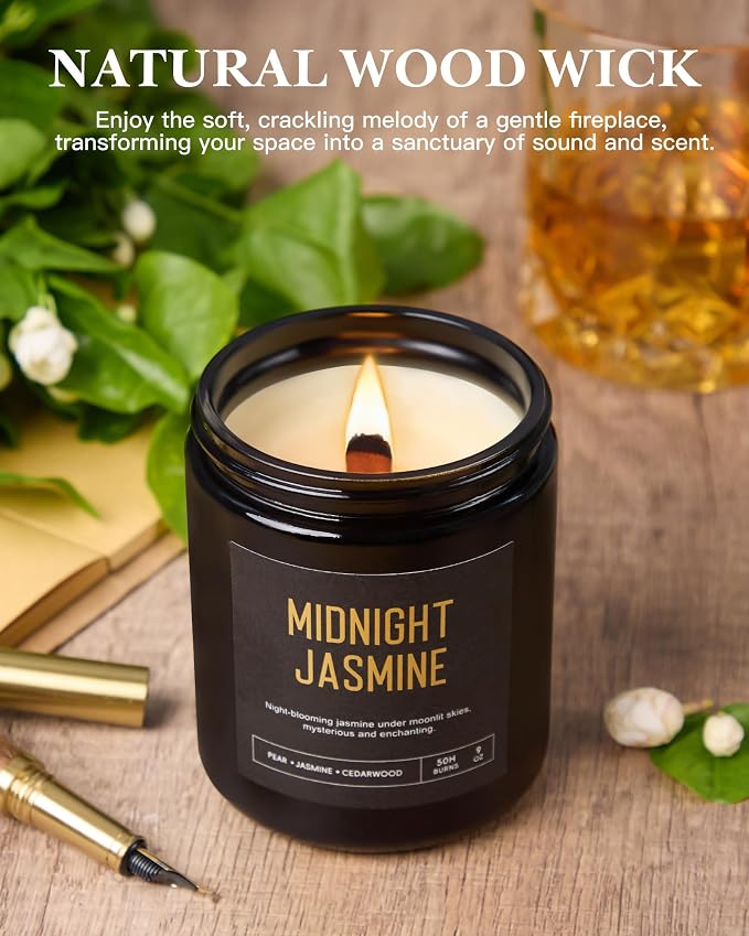 Wood Wick Scented Candles 4 Pack Candles for Home Scented 200 Hour Burn | Scented Candles Gift Set, Mahogany/Smoked Vanilla/Midnight Jasmine/Sandalwood Scented Candles, Men Women Birthday Gifts