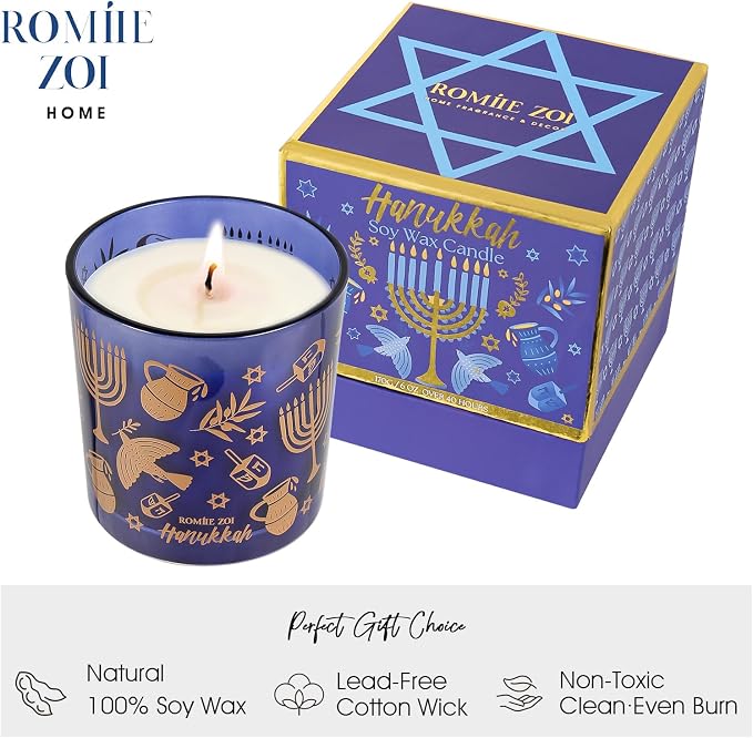 ROMIIE ZOI Hanukkah Scent Candle - 6oz Soy Wax Candle - Hanukkah - Infused with Sandalwood & Bergamot Aroma- Royal Blue Gift Box for Christmas Holiday Gifts