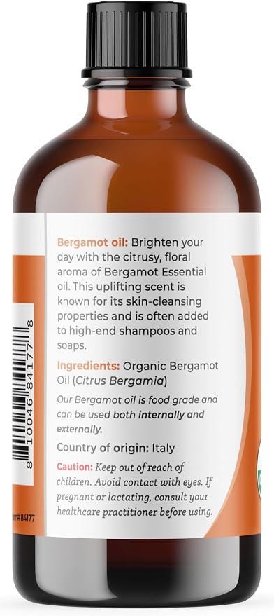 Viva Doria Bergamot Essential Oil, USDA, Certified Organic Bergamot Oil, 100% Pure, Natural Essential Oil, Undiluted, for Aromatherapy | Food Grade, 118 mL (4 Fluid Ounce)