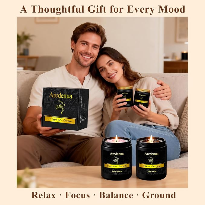 Scented Candles Set, 4 Pack Crystal Healing Candles with Rose Quartz Amethyst Tiger Eye Obsidian, 7oz Natural Soy Wax Candles, Lavender Citrus Sandalwood Cedar, Meditation Gifts for Women Men