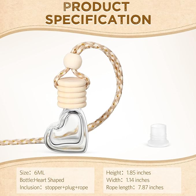 50 Pcs 6ml Hanging Car Diffuser Bottle Empty Glass Perfume Air Freshener Heart Love Vials Diffuser Pendant Wedding Essential Oil Fragrance Aromatherapy Ornament (Clear)